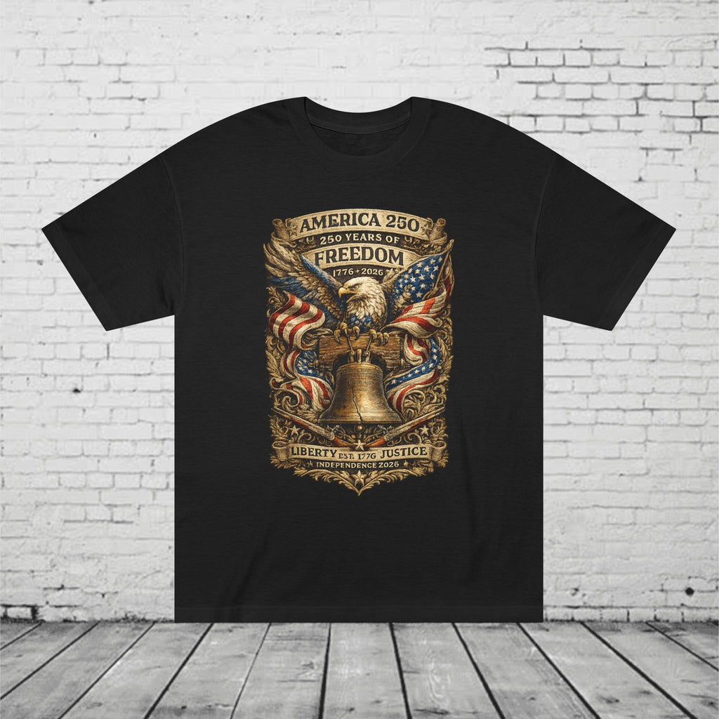 America 250 Liberty & Justice Patriotic T-Shirt | 250 Years of Freedom Eagle & Liberty Bell Graphic Tee | Independence Day 2026 Unisex Shirt