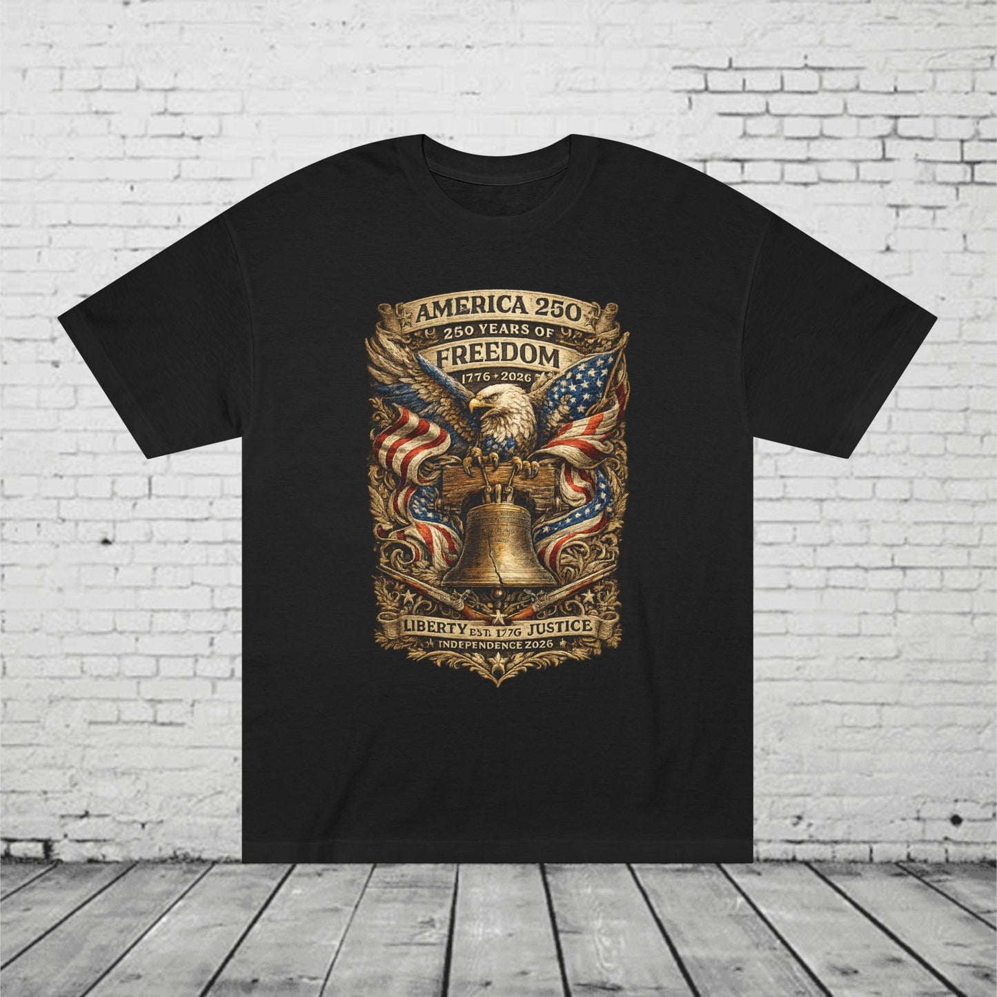 America 250 Liberty & Justice Patriotic T-Shirt | 250 Years of Freedom Eagle & Liberty Bell Graphic Tee | Independence Day 2026 Unisex Shirt