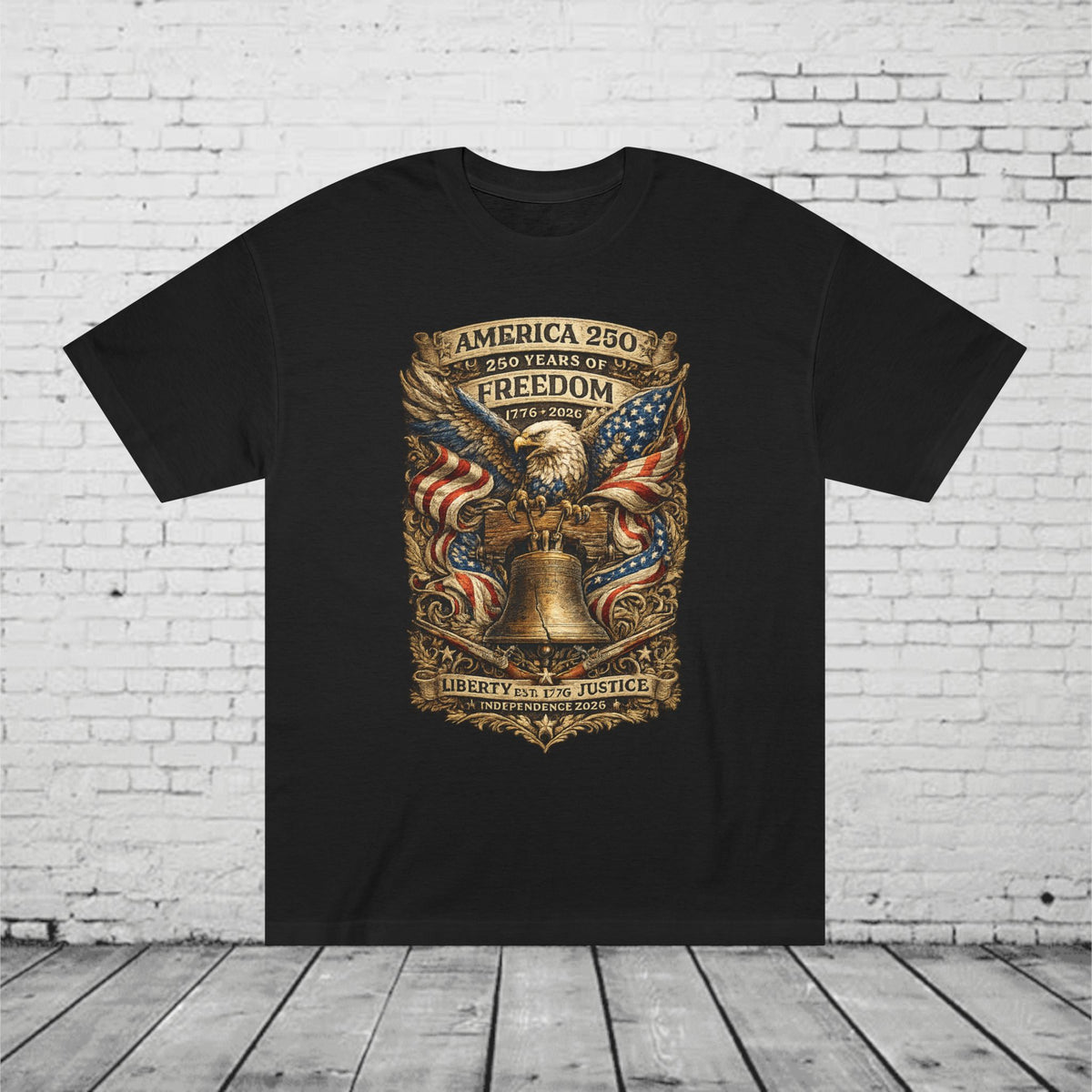 America 250 Liberty & Justice Patriotic T-Shirt | 250 Years of Freedom Eagle & Liberty Bell Graphic Tee | Independence Day 2026 Unisex Shirt