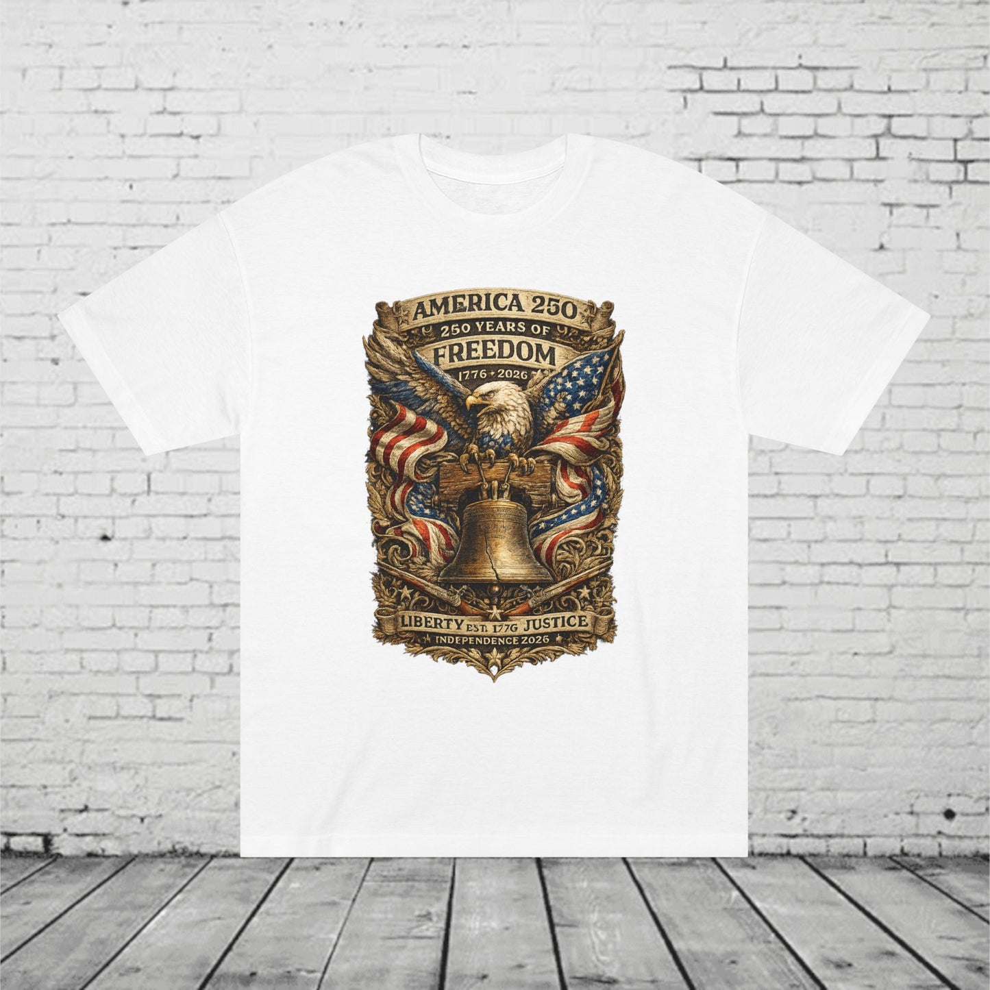 America 250 Liberty & Justice Patriotic T-Shirt | 250 Years of Freedom Eagle & Liberty Bell Graphic Tee | Independence Day 2026 Unisex Shirt