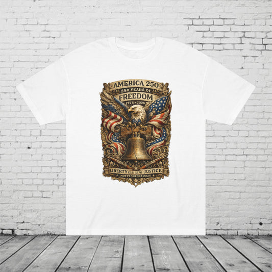 America 250 Liberty & Justice Patriotic T-Shirt | 250 Years of Freedom Eagle & Liberty Bell Graphic Tee | Independence Day 2026 Unisex Shirt