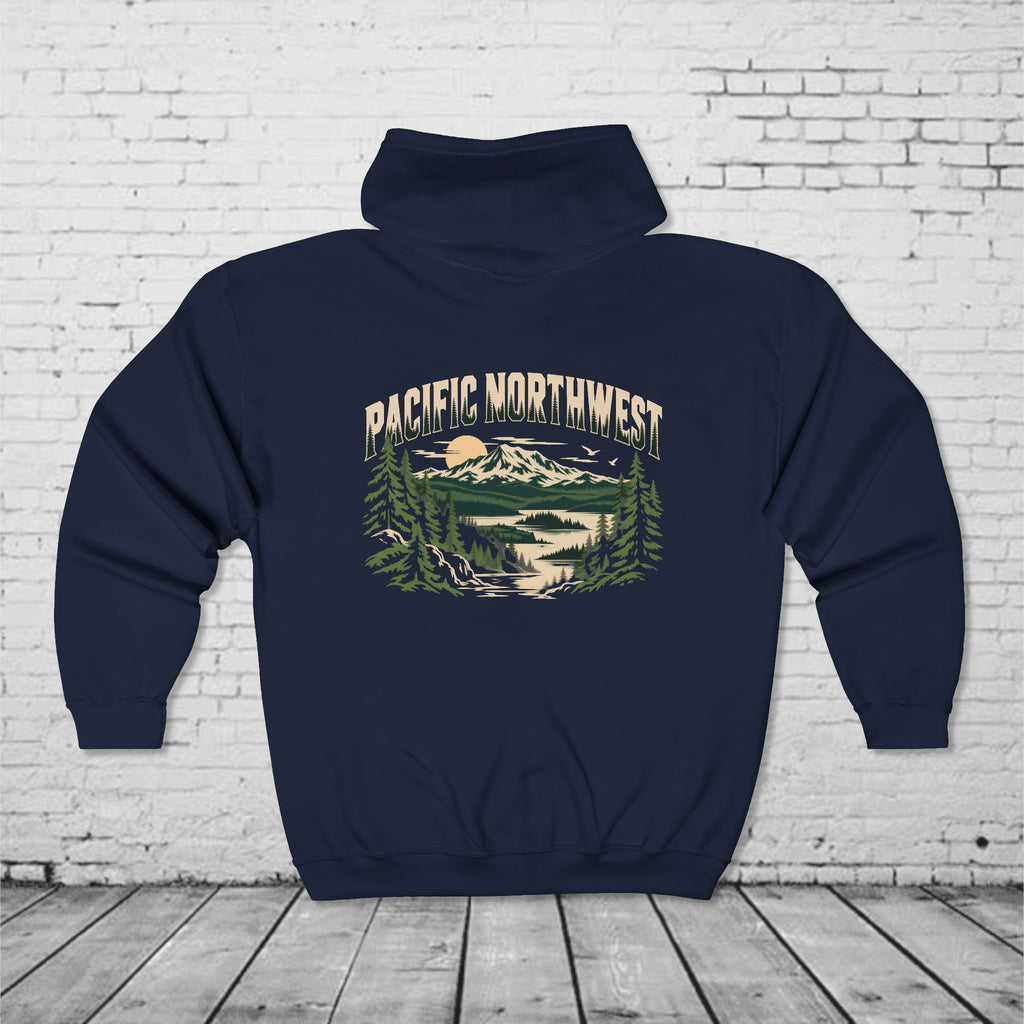 Pacific Northwest Mountain Lake Full-Zip Hoodie – PNW Evergreen Outdoor Back Graphic