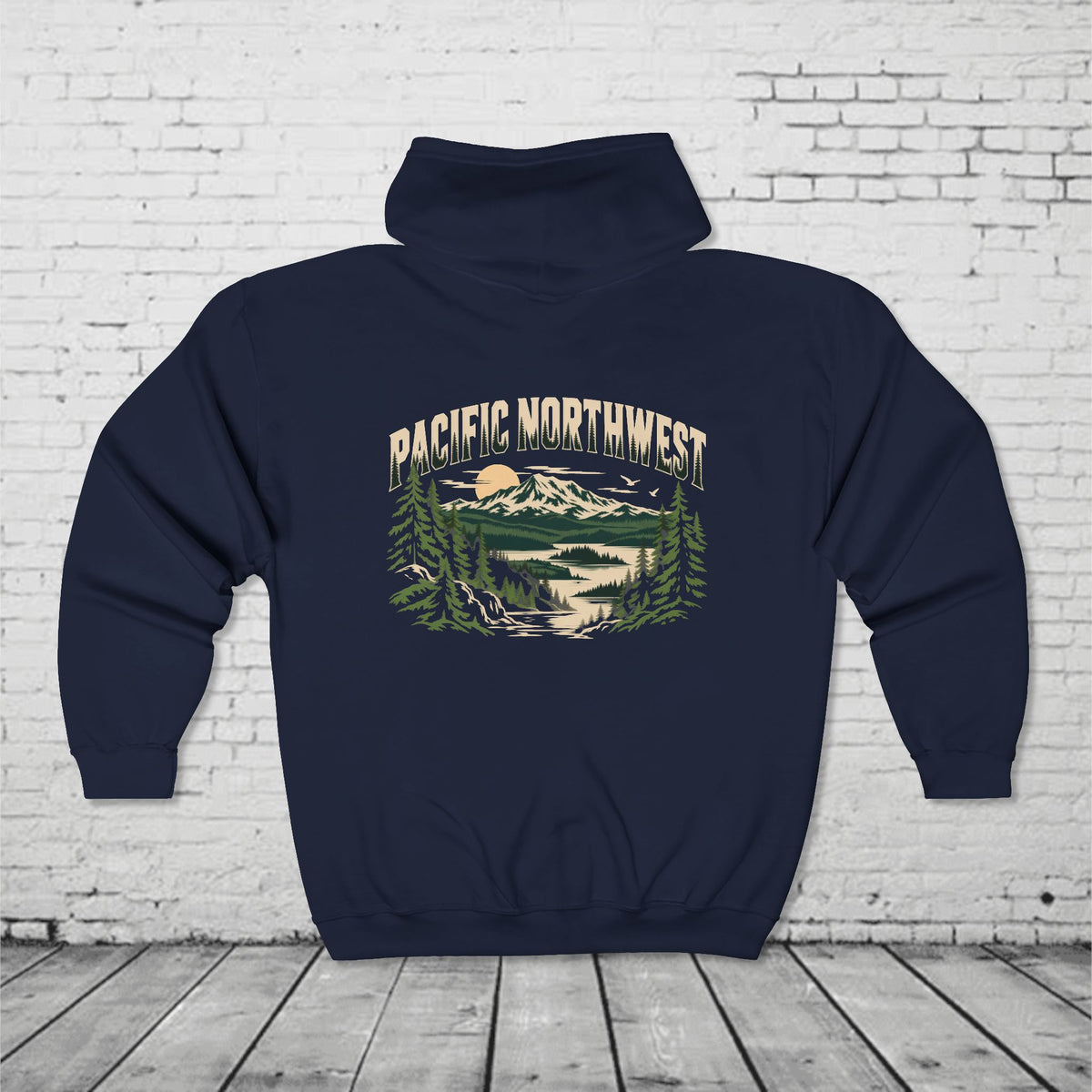 Pacific Northwest Mountain Lake Full-Zip Hoodie – PNW Evergreen Outdoor Back Graphic