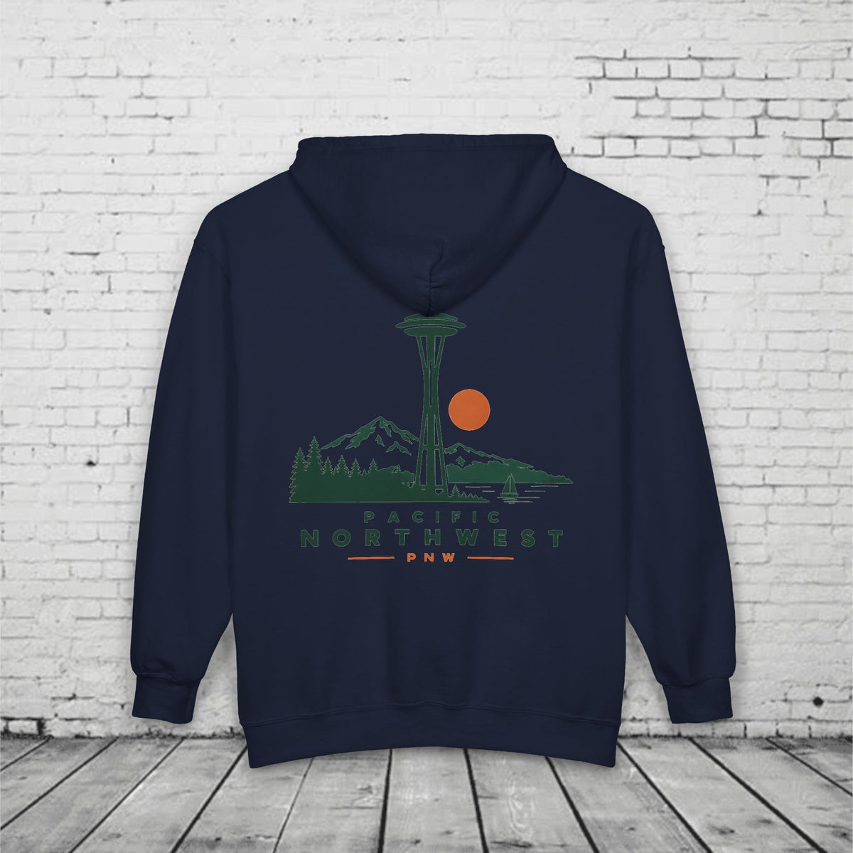 PNW Space Needle Full-Zip Hoodie – Pacific Northwest Mountain & Evergreen Sweatshirt
