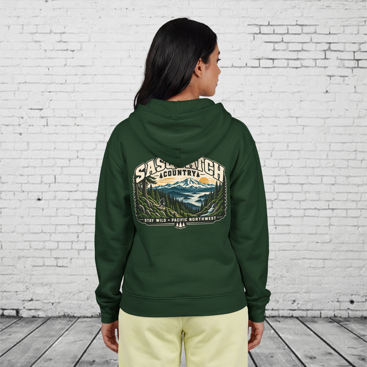 Sasquatch Country Full-Zip Hoodie – Stay Wild Pacific Northwest Bigfoot Back Graphic
