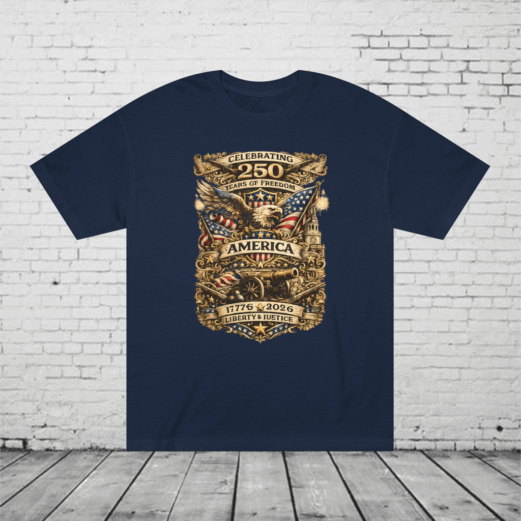 America 250 Years of Freedom Patriotic T-Shirt | 1776–2026 Semiquincentennial Eagle, Flag & Cannon Tee | Liberty & Justice Unisex Shirt