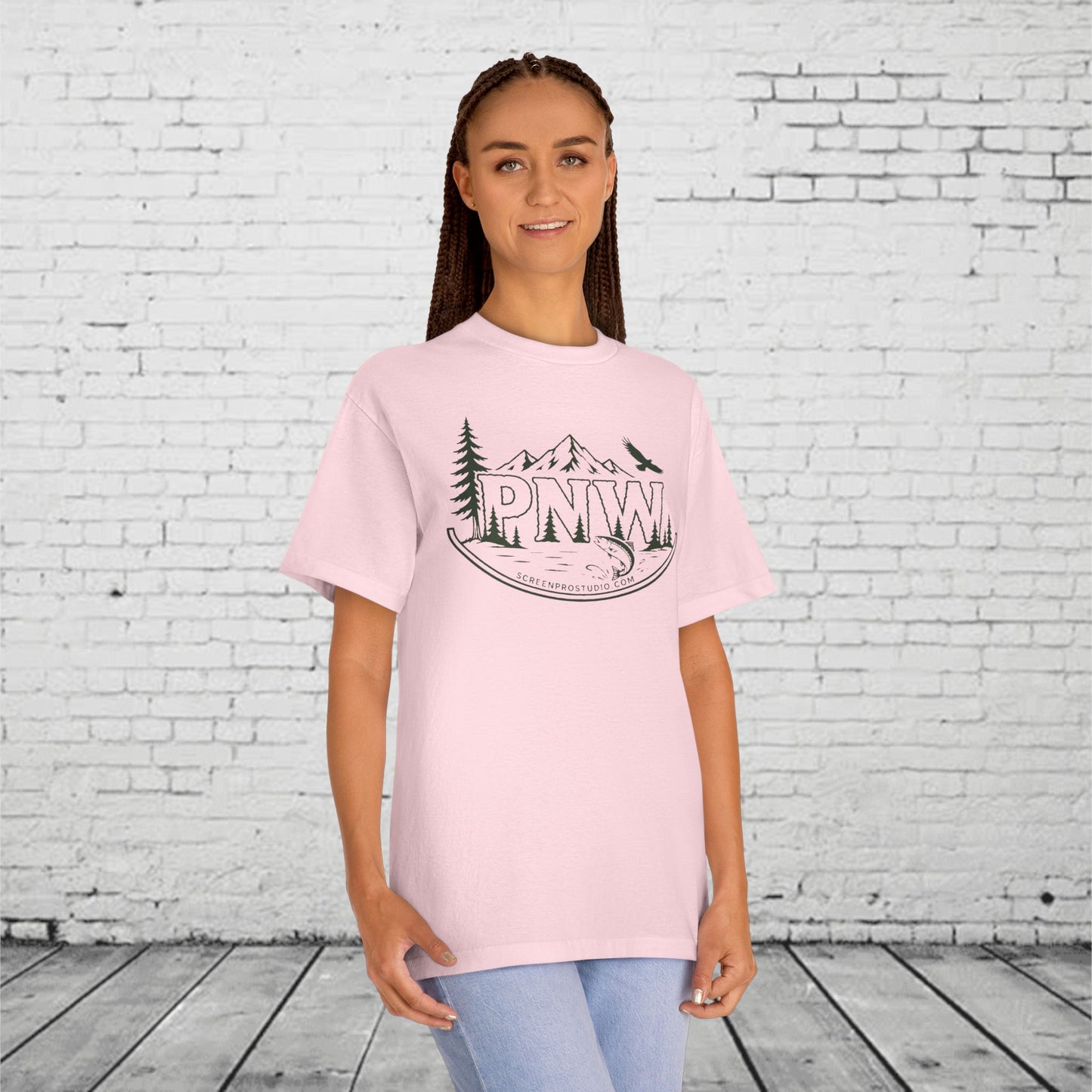 PNW Forest Badge T-Shirt | Pacific Northwest Mountain, Pine Tree & Salmon Graphic Tee