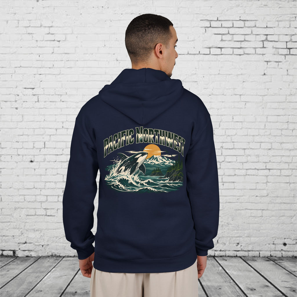 Pacific Northwest Orca Full-Zip Hoodie – PNW Mountain & Ocean Back Graphic