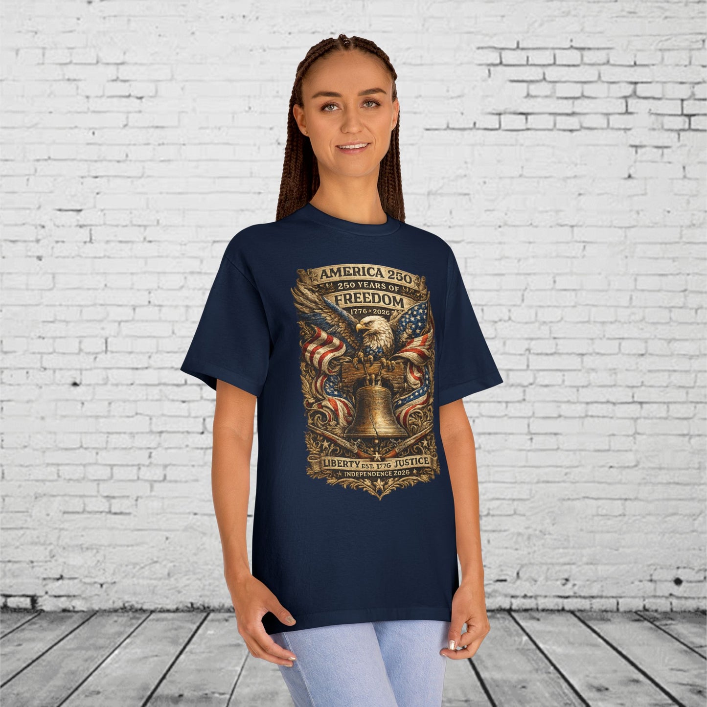America 250 Liberty & Justice Patriotic T-Shirt | 250 Years of Freedom Eagle & Liberty Bell Graphic Tee | Independence Day 2026 Unisex Shirt