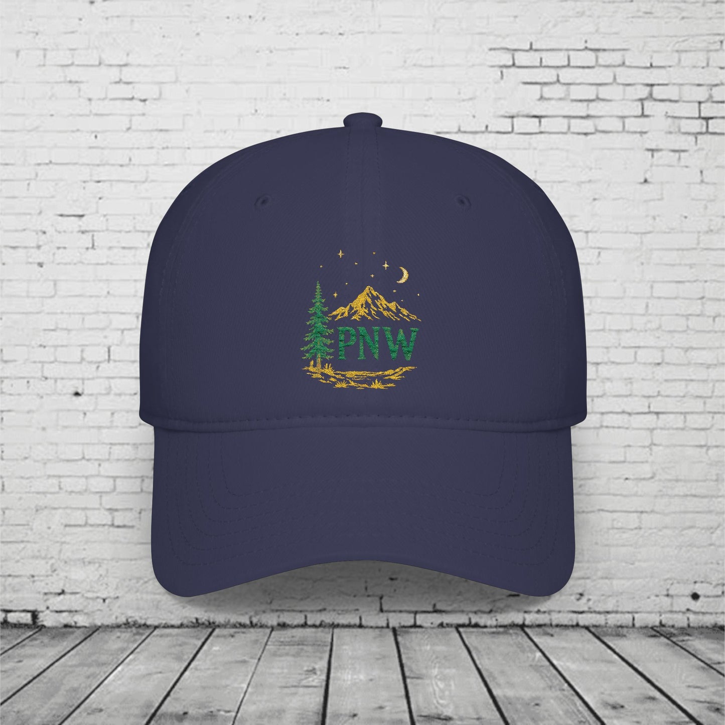 PNW Mountain & Pine Tree Baseball Cap | Pacific Northwest Outdoor Adventure Hat with Hidden Sasquatch