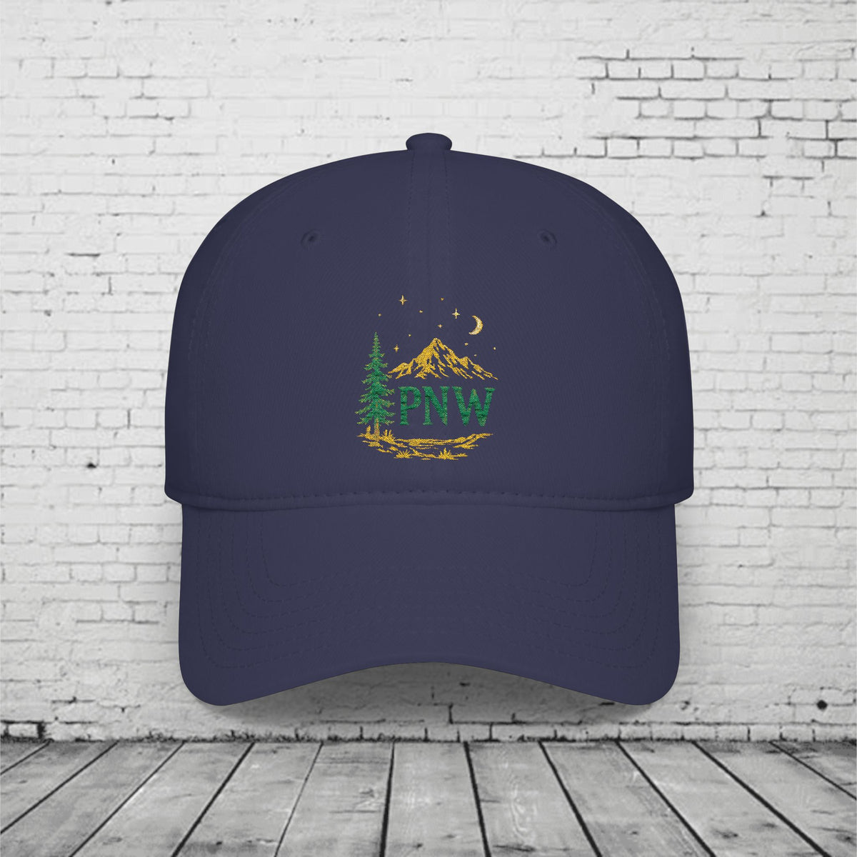 PNW Mountain & Pine Tree Baseball Cap | Pacific Northwest Outdoor Adventure Hat with Hidden Sasquatch