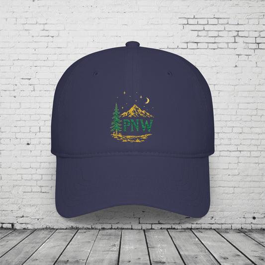 PNW Mountain & Pine Tree Baseball Cap | Pacific Northwest Outdoor Adventure Hat with Hidden Sasquatch