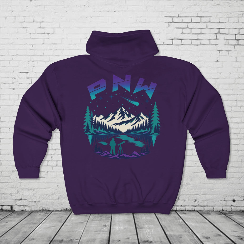 PNW Stargazer Full-Zip Hoodie – Pacific Northwest Mountain Night Sky Adventure Sweatshirt