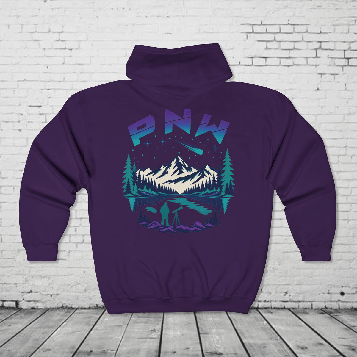 PNW Stargazer Full-Zip Hoodie – Pacific Northwest Mountain Night Sky Adventure Sweatshirt