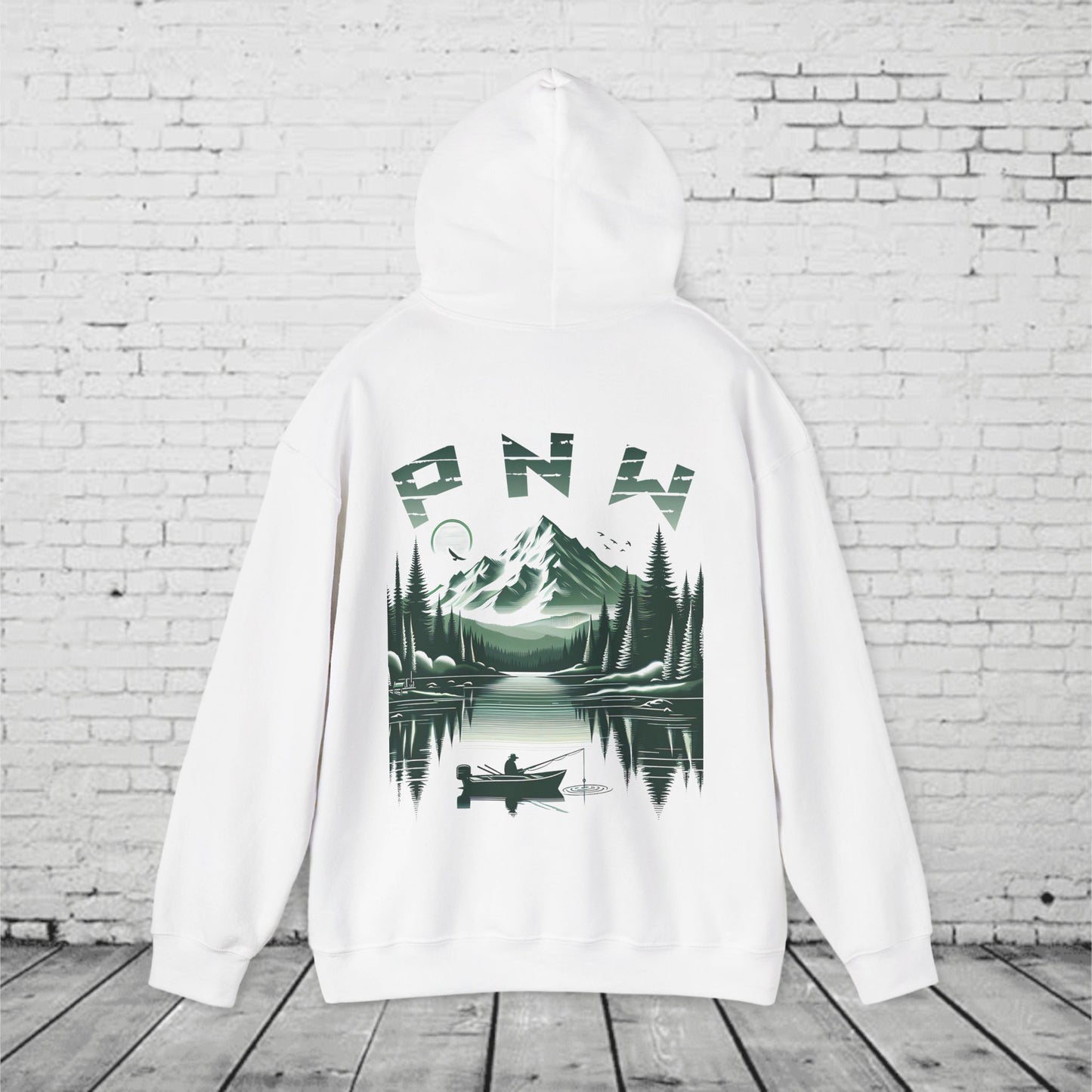 PNW Fishing Hoodie – Scenic Mountain & Lake Graphic | Pacific Northwest Adventure Sweatshirt