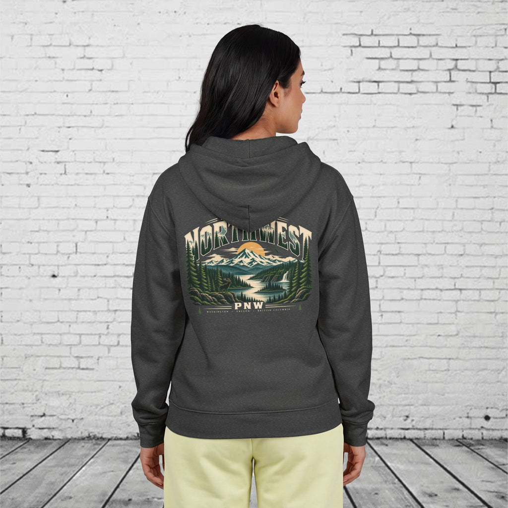 Pacific Northwest Wilderness Full-Zip Hoodie – PNW Mountain Elk Forest Back Graphic