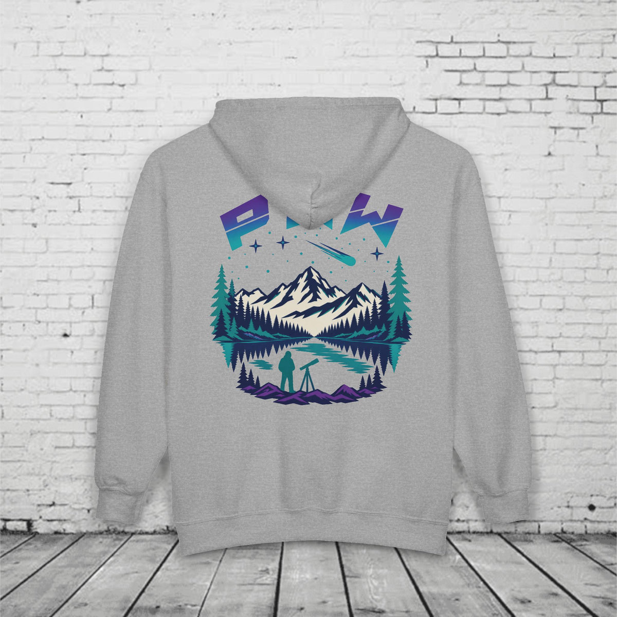PNW Stargazer Full-Zip Hoodie – Pacific Northwest Mountain Night Sky Adventure Sweatshirt