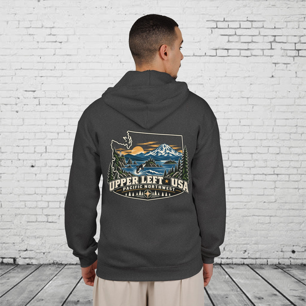 Upper Left USA Full-Zip Hoodie – Pacific Northwest Orca & Mountain Back Graphic