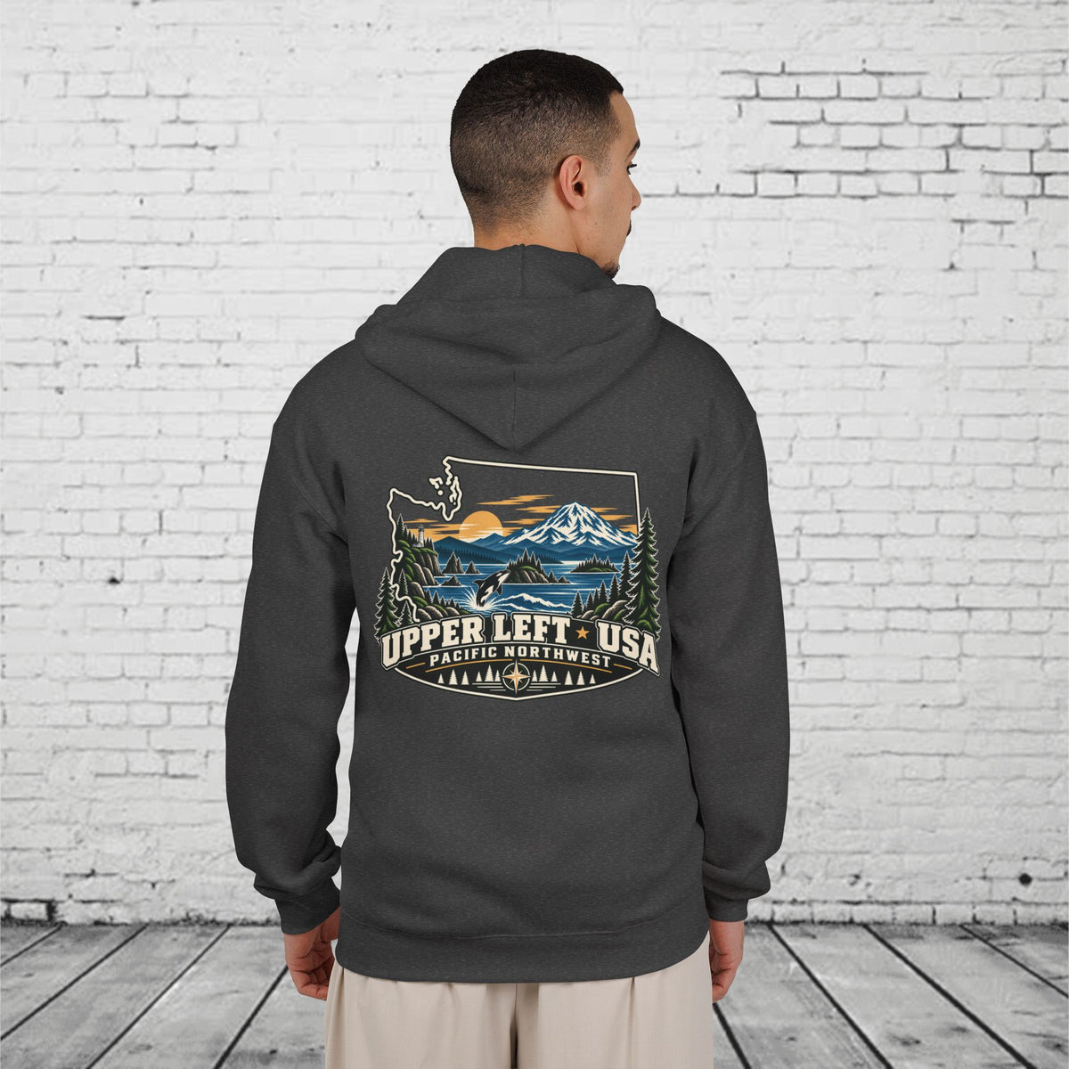 Upper Left USA Full-Zip Hoodie – Pacific Northwest Orca & Mountain Back Graphic