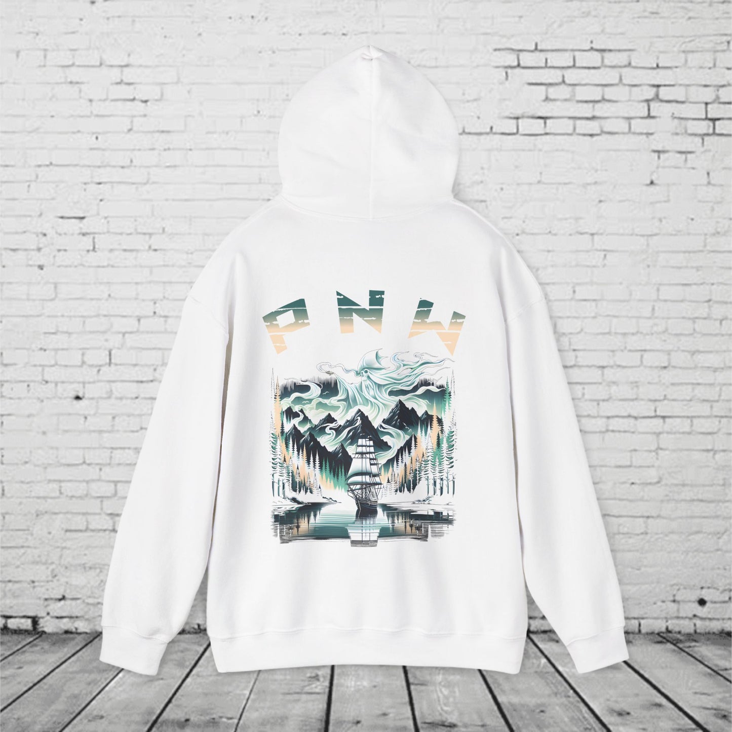 Pacific Northwest Hoodie – PNW Foggy Forest Sailing Ship Sweatshirt, Mystic Adventure Hoodie, Unisex Heavy Blend Pullover
