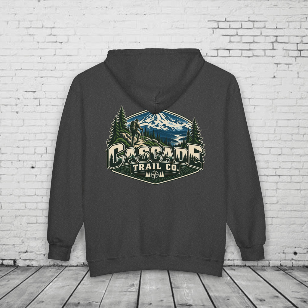 Cascade Trail Co. Full-Zip Hoodie – PNW Mountain Hiker Outdoor Back Graphic
