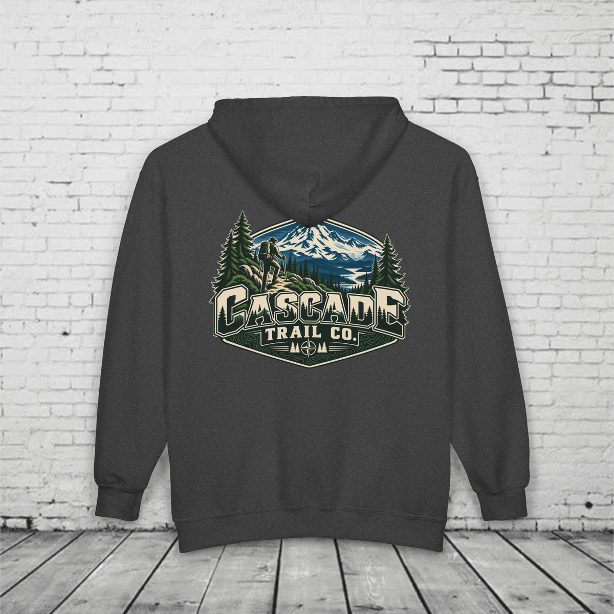 Cascade Trail Co. Full-Zip Hoodie – PNW Mountain Hiker Outdoor Back Graphic