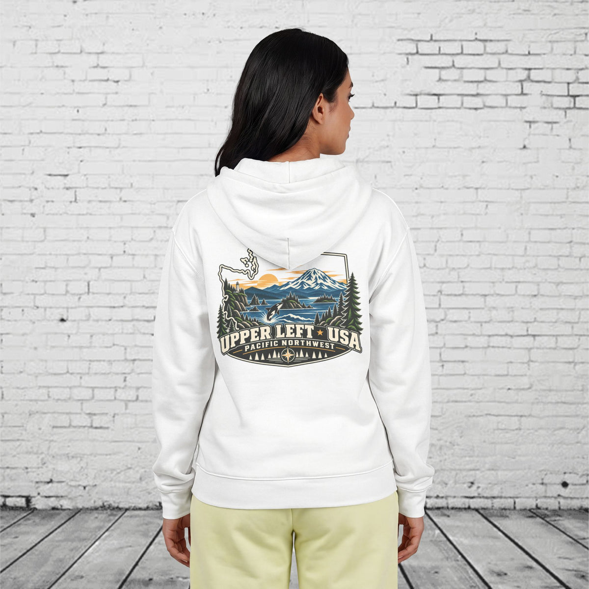 Upper Left USA Full-Zip Hoodie – Pacific Northwest Orca & Mountain Back Graphic