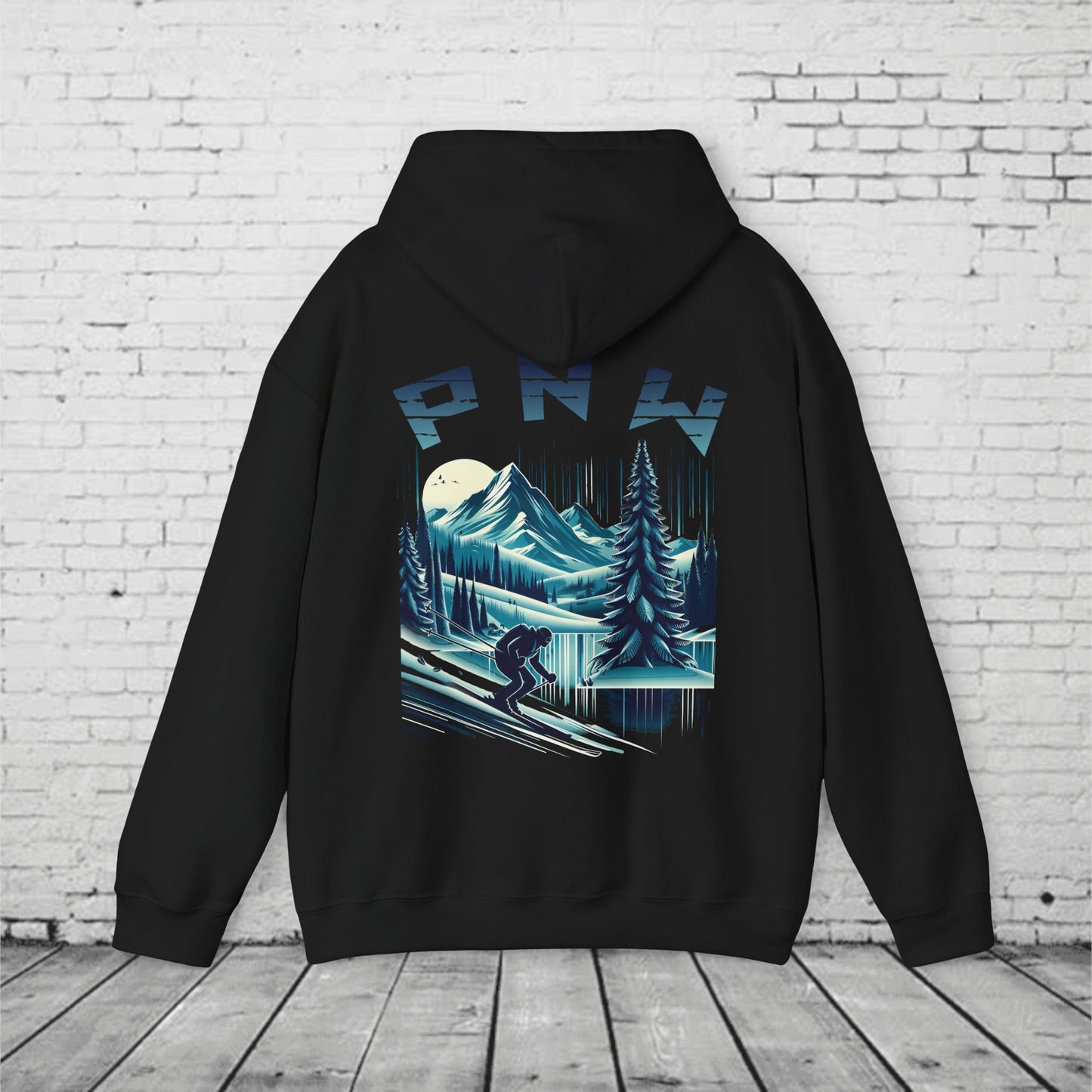 PNW Ski Hoodie – Retro Pacific Northwest Mountain Skiing Hoodie | Unisex Heavy Blend Winter Sweatshirt