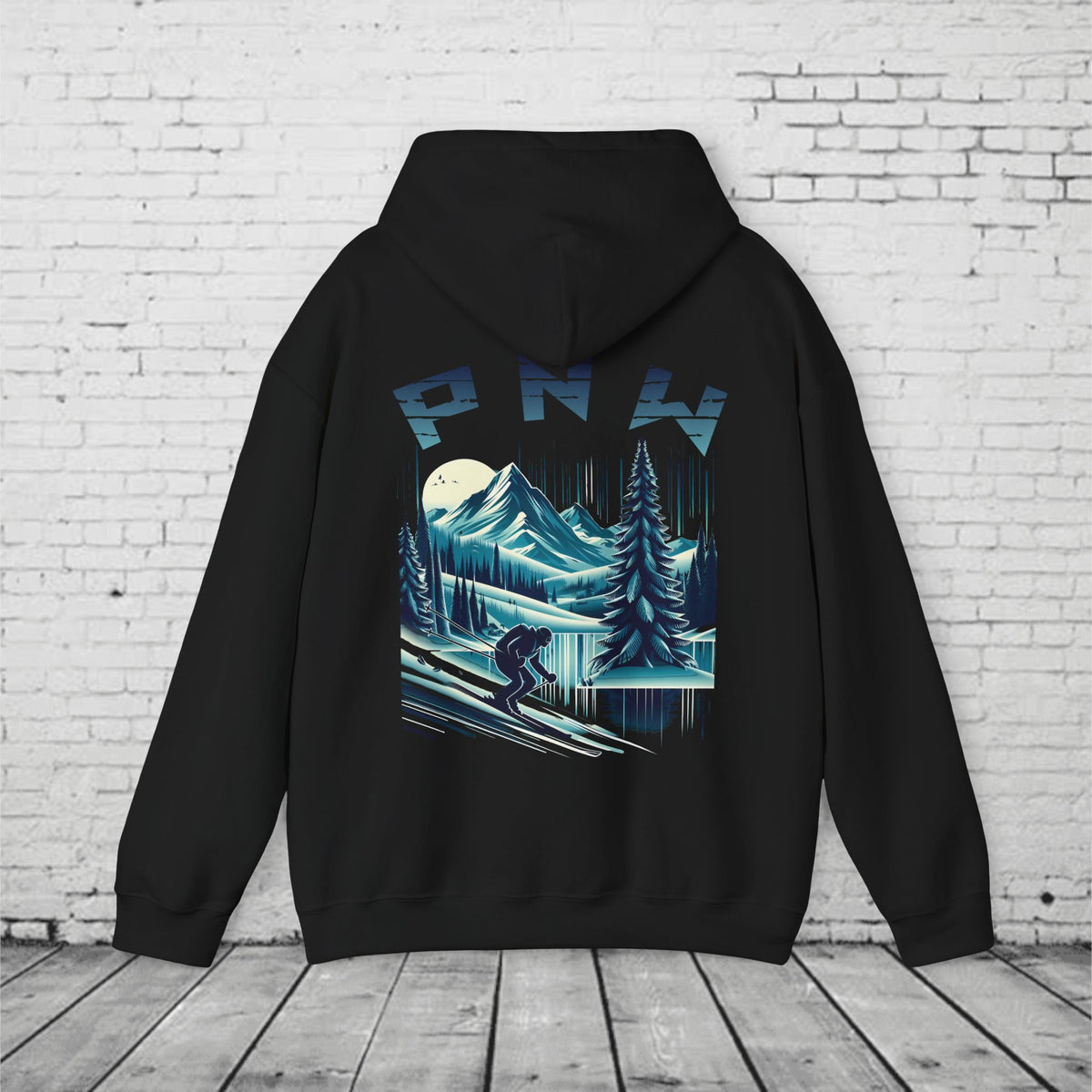 PNW Ski Hoodie – Retro Pacific Northwest Mountain Skiing Hoodie | Unisex Heavy Blend Winter Sweatshirt