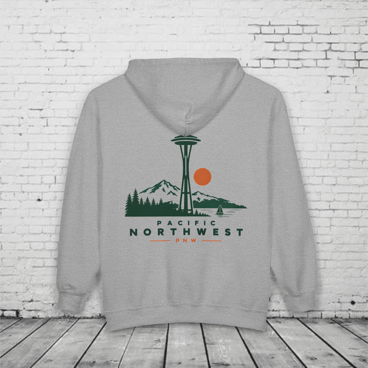PNW Space Needle Full-Zip Hoodie – Pacific Northwest Mountain & Evergreen Sweatshirt
