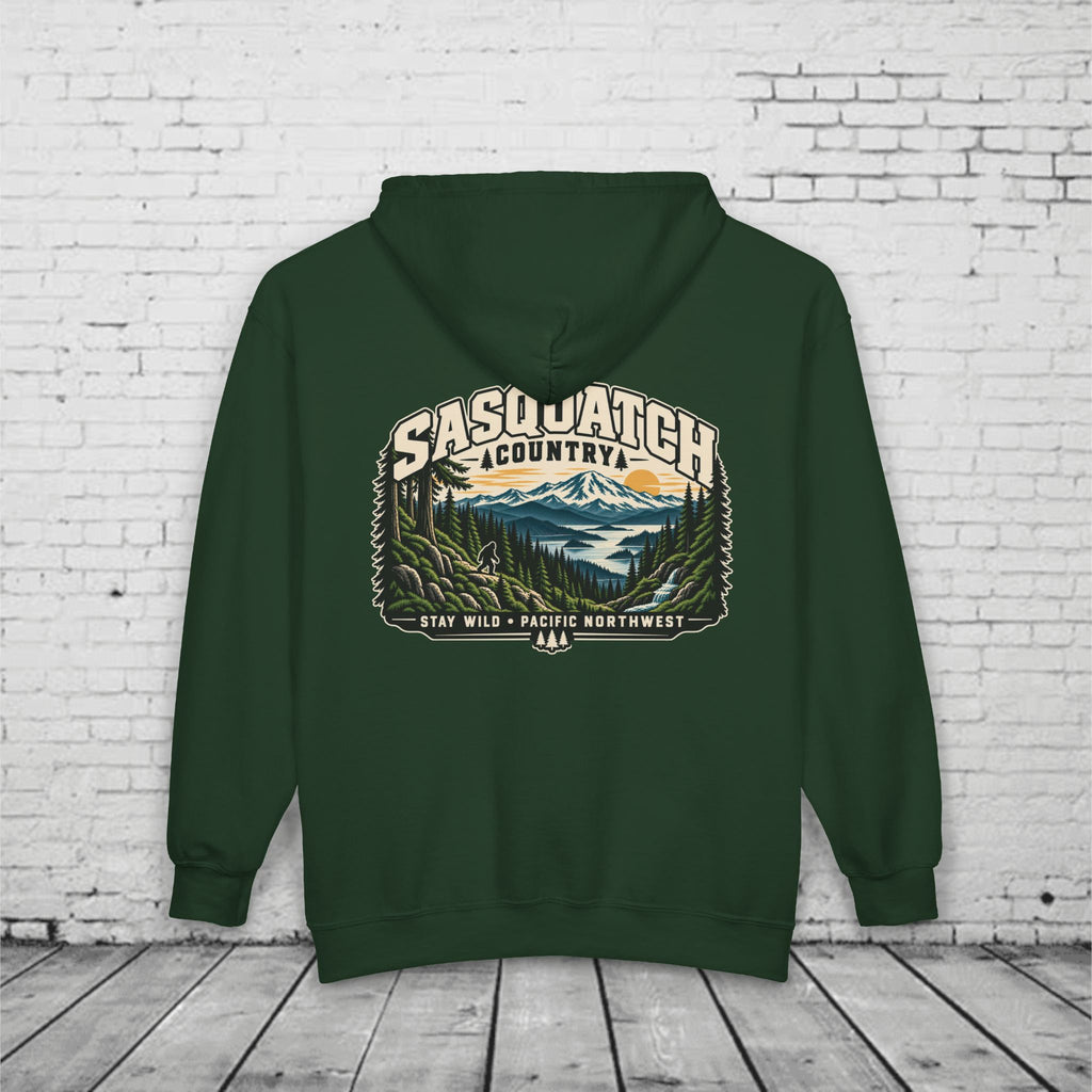 Sasquatch Country Full-Zip Hoodie – Stay Wild Pacific Northwest Bigfoot Back Graphic