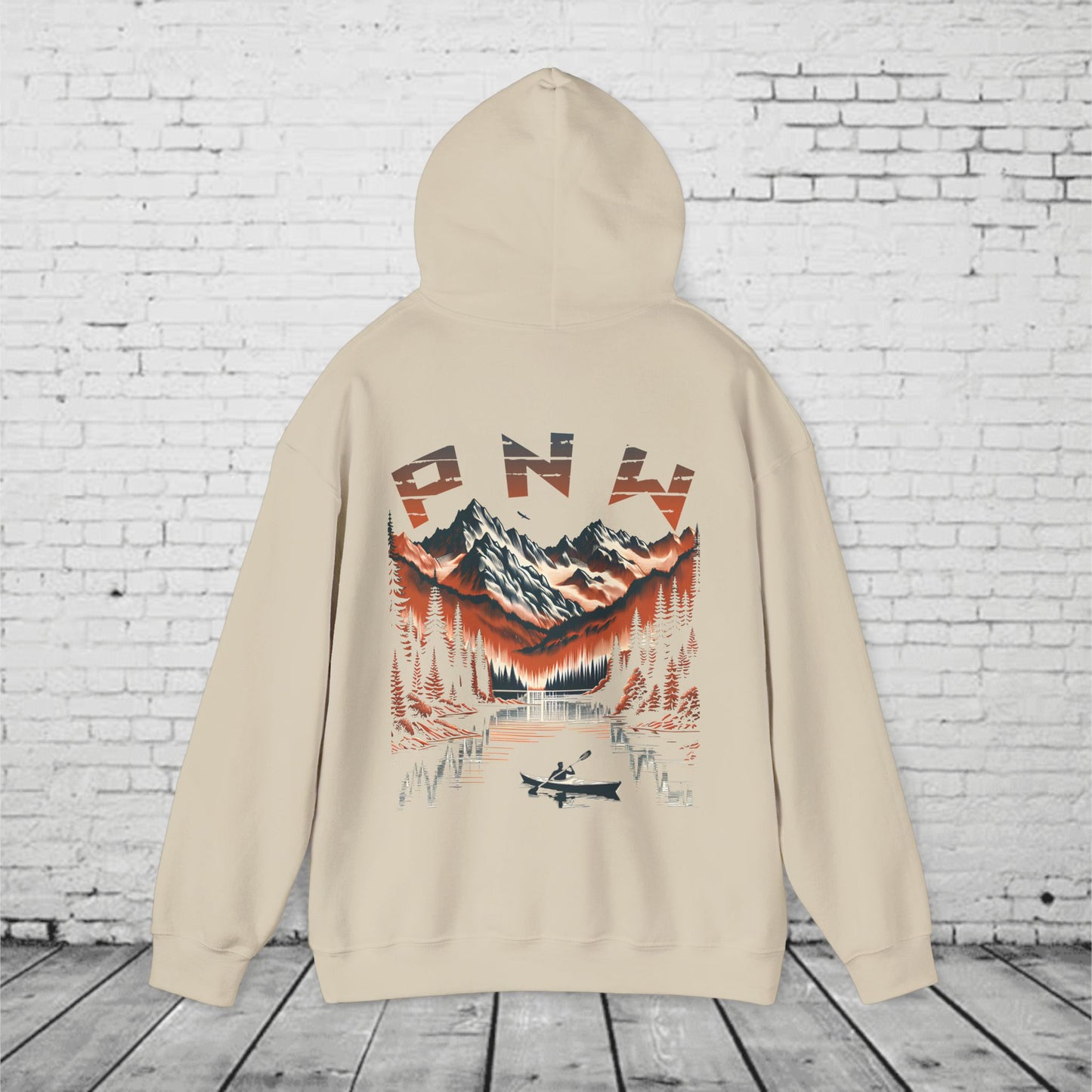 PNW Adventure Hoodie – Kayak & Mountain Wilderness Graphic, Pacific Northwest Unisex Sweatshirt