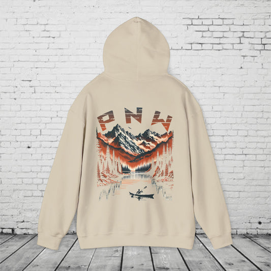 PNW Adventure Hoodie – Kayak & Mountain Wilderness Graphic, Pacific Northwest Unisex Sweatshirt