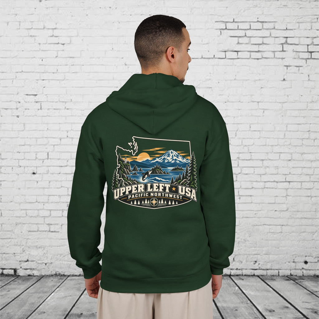 Upper Left USA Full-Zip Hoodie – Pacific Northwest Orca & Mountain Back Graphic