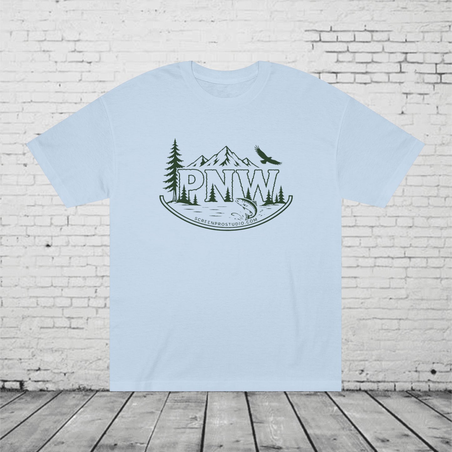 PNW Forest Badge T-Shirt | Pacific Northwest Mountain, Pine Tree & Salmon Graphic Tee