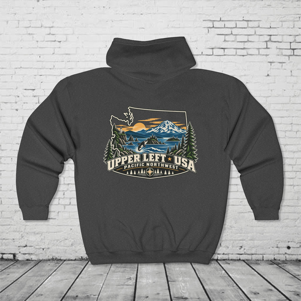 Upper Left USA Full-Zip Hoodie – Pacific Northwest Orca & Mountain Back Graphic