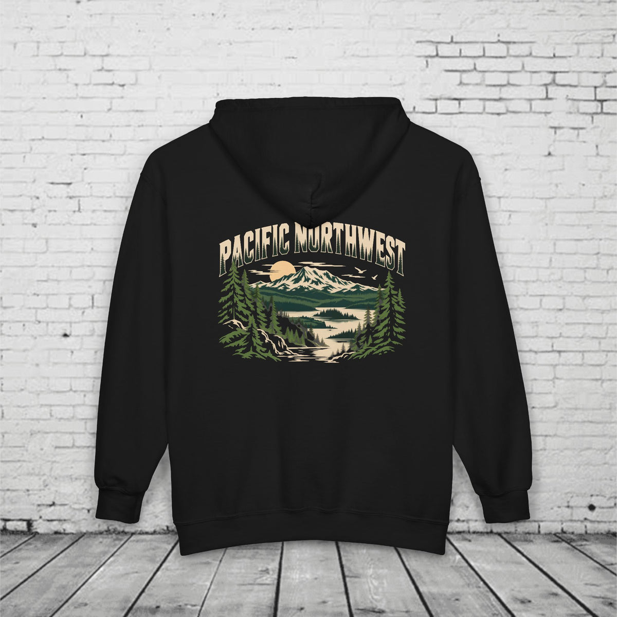 Pacific Northwest Mountain Lake Full-Zip Hoodie – PNW Evergreen Outdoor Back Graphic