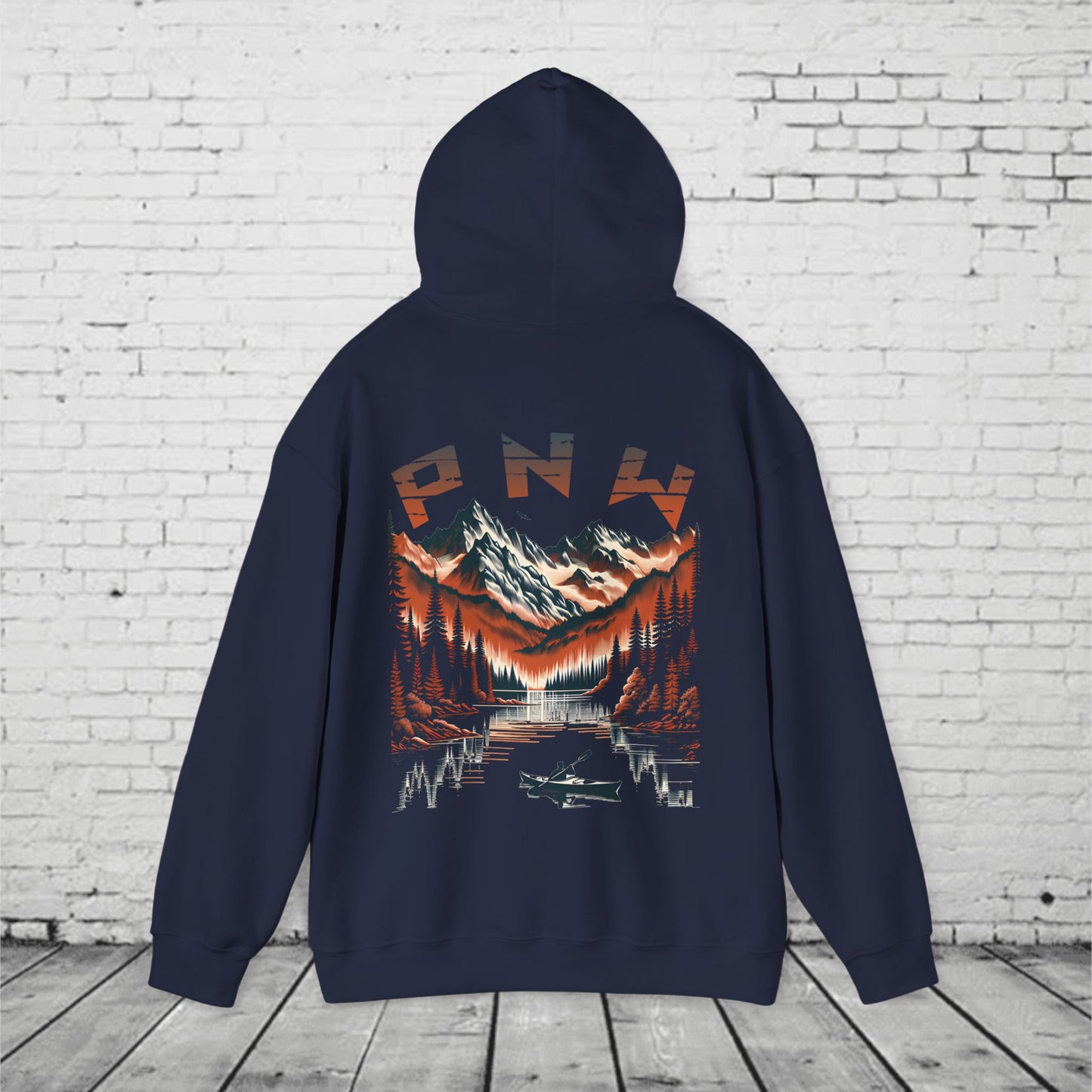 PNW Adventure Hoodie – Kayak & Mountain Wilderness Graphic, Pacific Northwest Unisex Sweatshirt