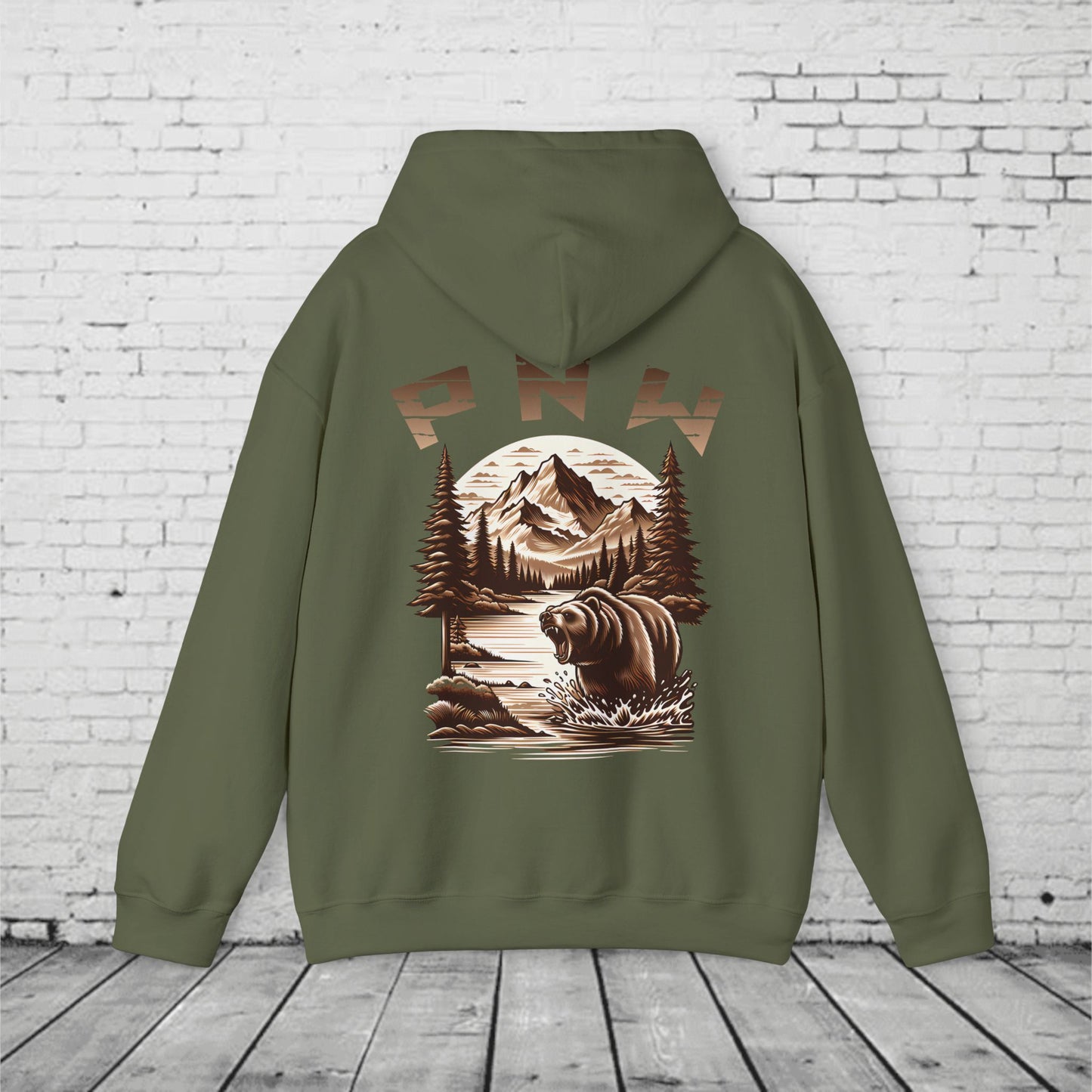 PNW Bear Hoodie – Pacific Northwest Mountain Wilderness Sweatshirt, Unisex Heavy Blend