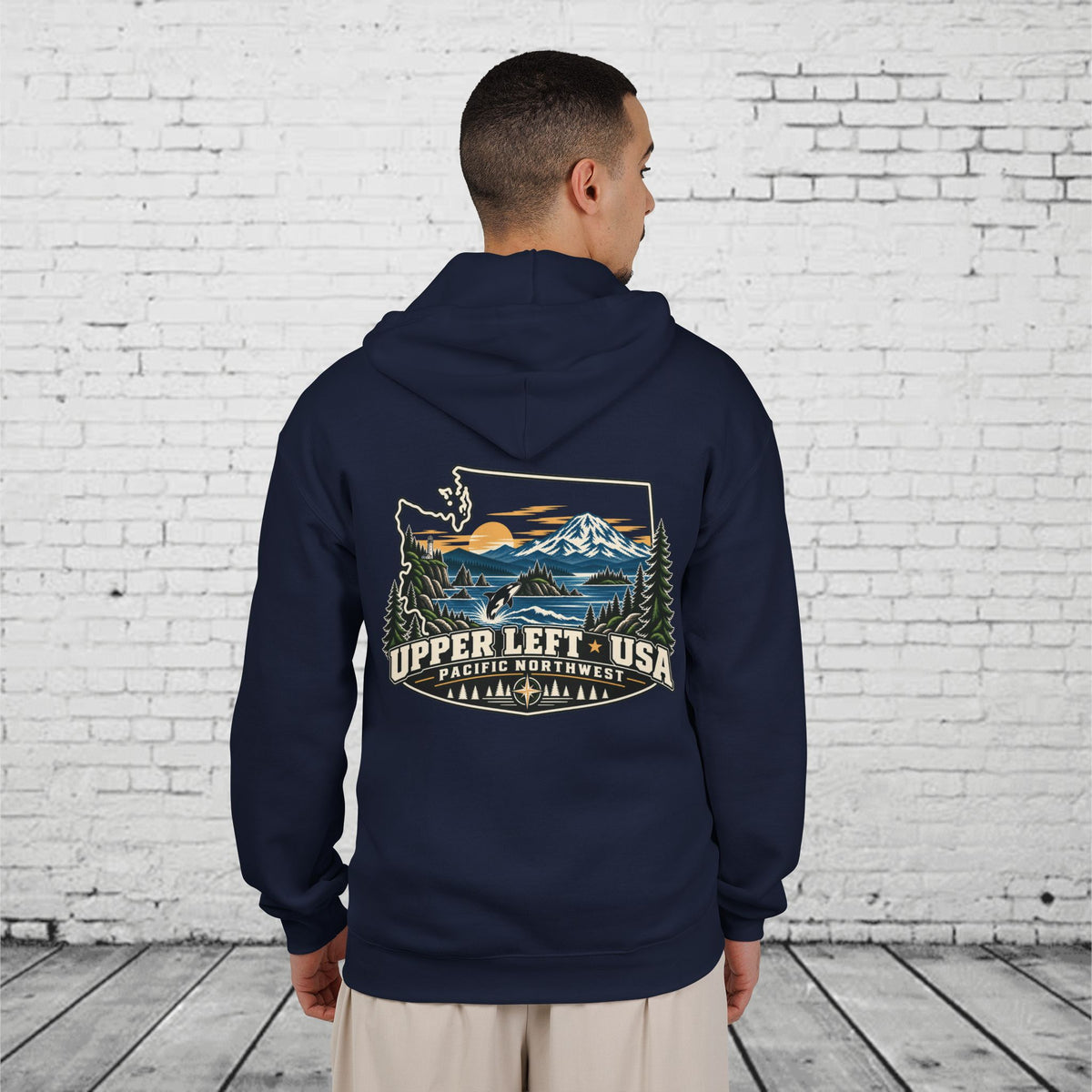 Upper Left USA Full-Zip Hoodie – Pacific Northwest Orca & Mountain Back Graphic