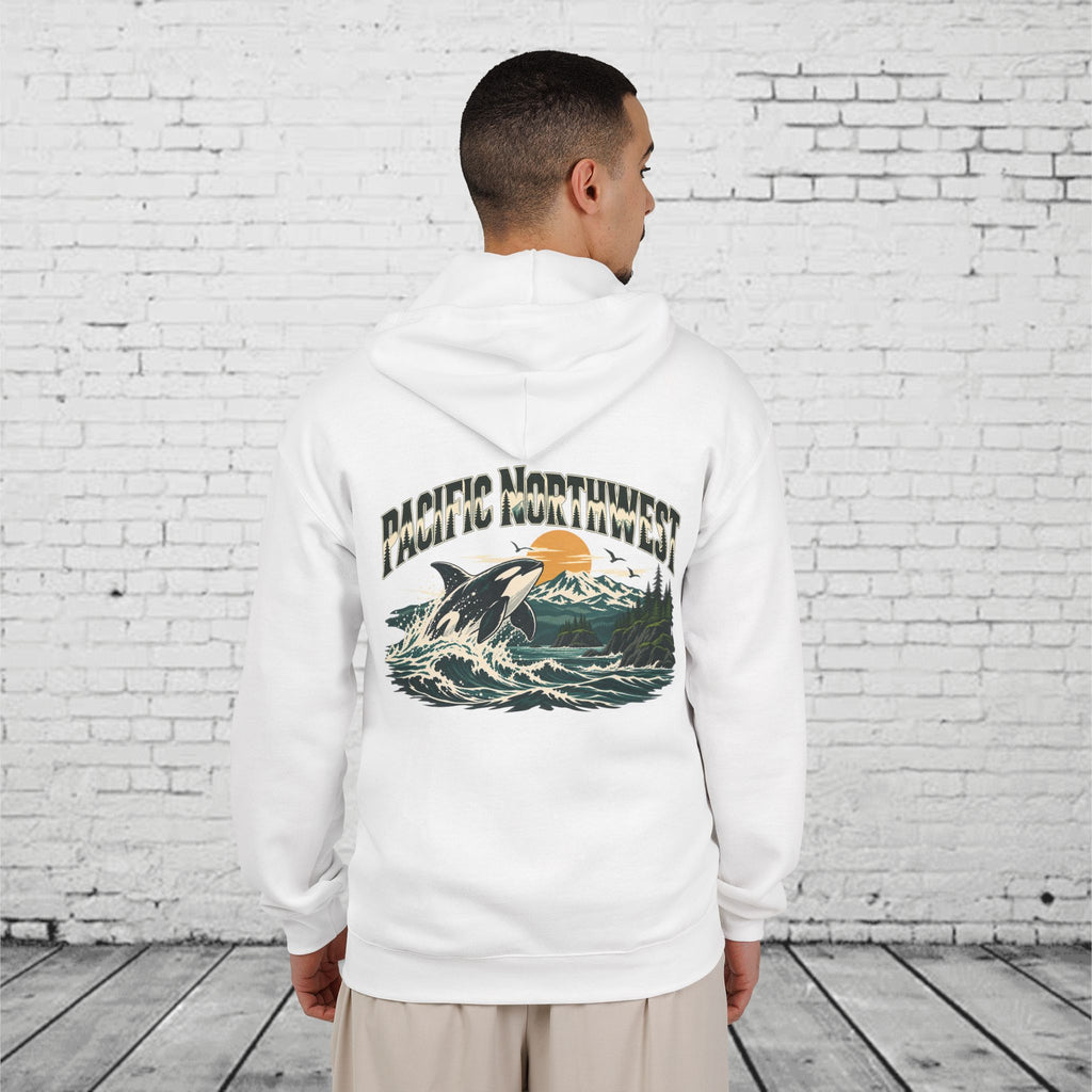 Pacific Northwest Orca Full-Zip Hoodie – PNW Mountain & Ocean Back Graphic
