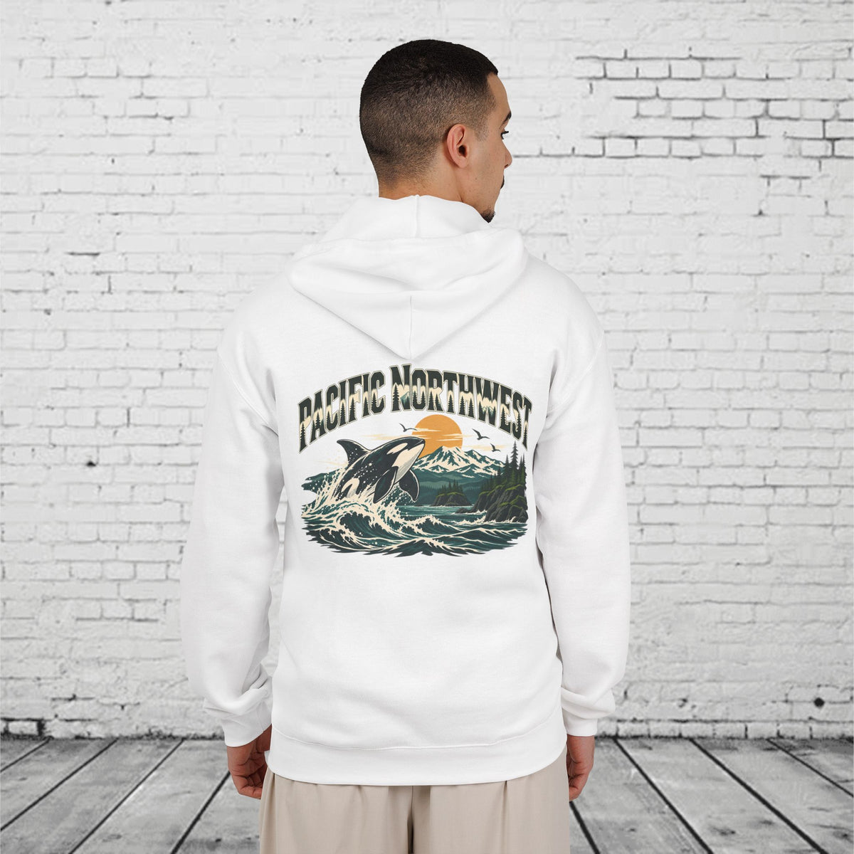 Pacific Northwest Orca Full-Zip Hoodie – PNW Mountain & Ocean Back Graphic