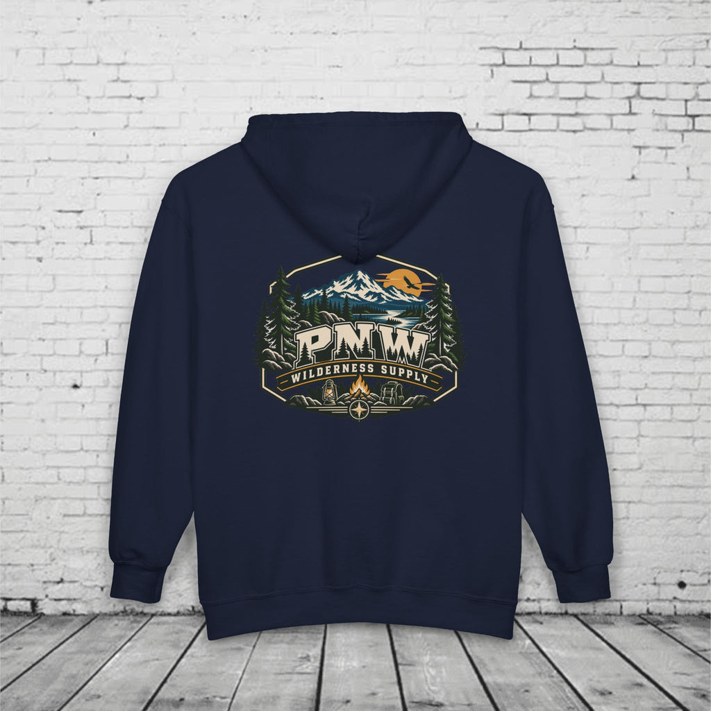 PNW Wilderness Supply Full-Zip Hoodie – Pacific Northwest Outdoor Adventure Back Graphic