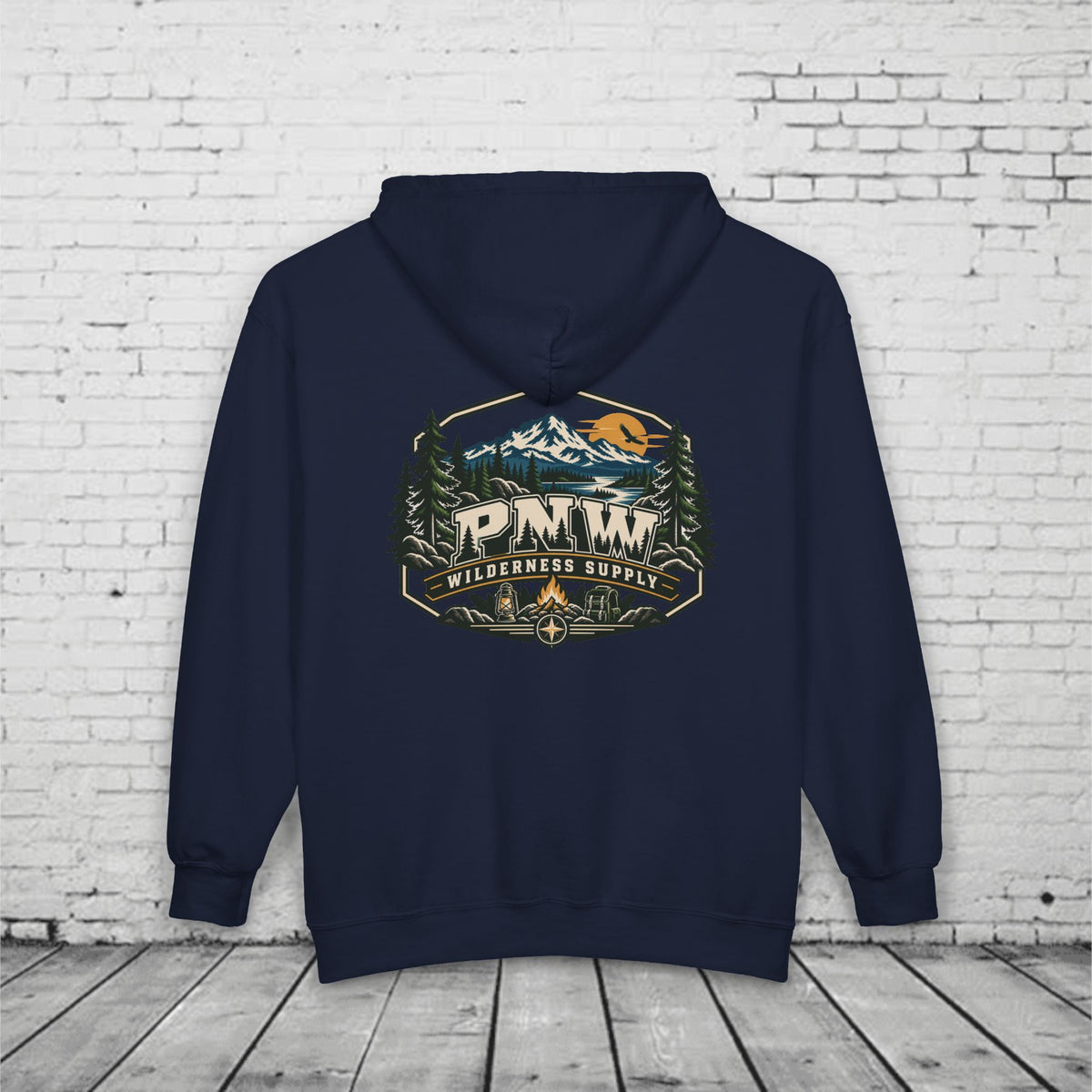 PNW Wilderness Supply Full-Zip Hoodie – Pacific Northwest Outdoor Adventure Back Graphic