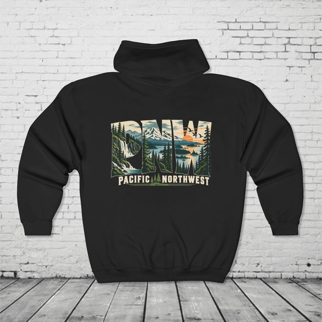 PNW Pacific Northwest Scenic Full-Zip Hoodie – Mountain Forest Waterfall Back Graphic