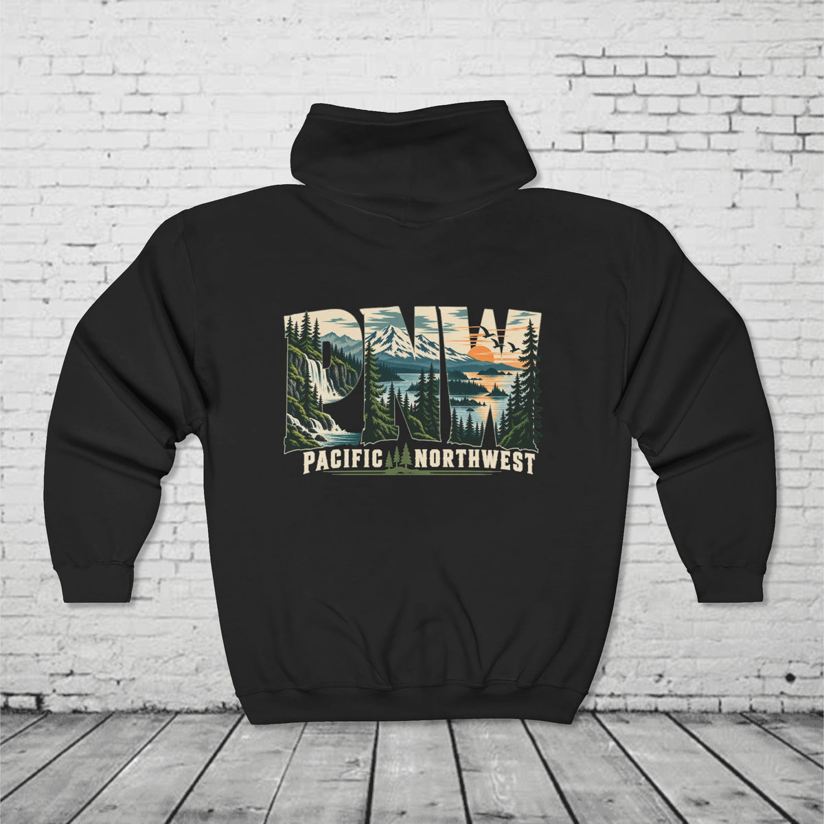 PNW Pacific Northwest Scenic Full-Zip Hoodie – Mountain Forest Waterfall Back Graphic