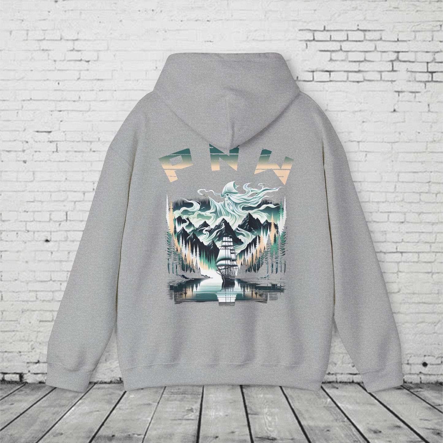 Pacific Northwest Hoodie – PNW Foggy Forest Sailing Ship Sweatshirt, Mystic Adventure Hoodie, Unisex Heavy Blend Pullover