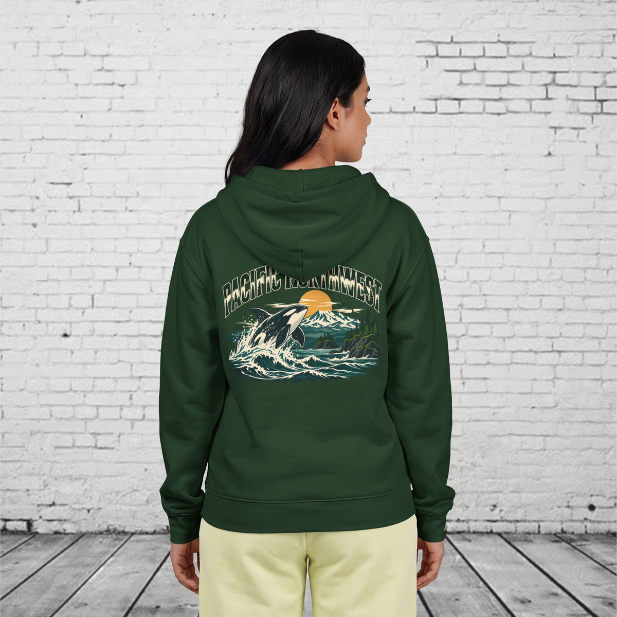 Pacific Northwest Orca Full-Zip Hoodie – PNW Mountain & Ocean Back Graphic