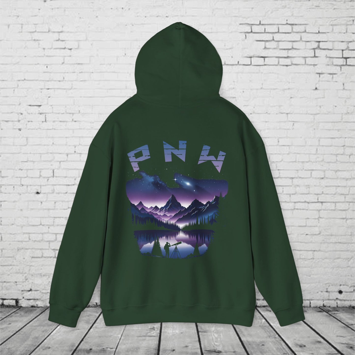 PNW Stargazer Hoodie – Pacific Northwest Night Sky Mountain Graphic, Astronomy Cosmic Unisex Pullover Sweatshirt
