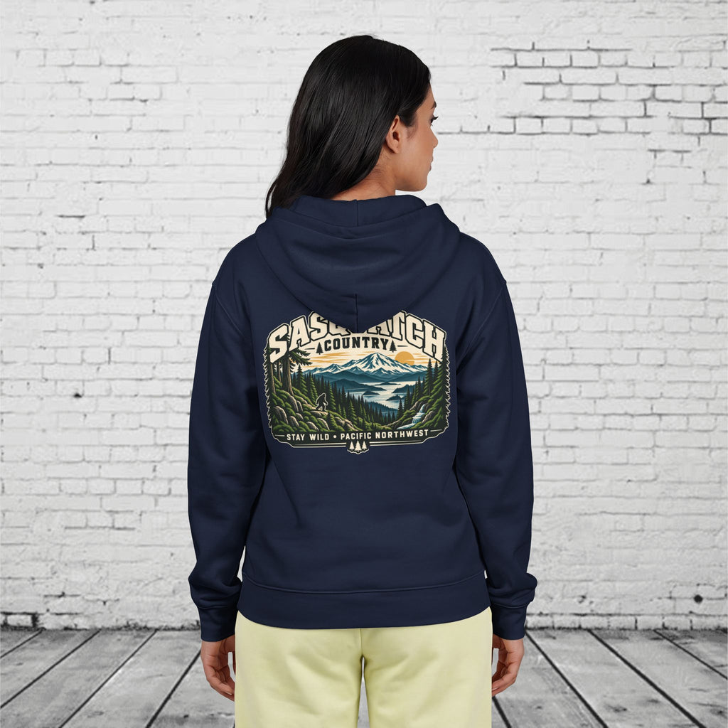 Sasquatch Country Full-Zip Hoodie – Stay Wild Pacific Northwest Bigfoot Back Graphic